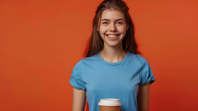 Full body young happy woman she wear blue t-shirt casual clothes hold takeaway delivery craft paper brown cup coffee to go isolated on plain red orange background studio portrait. Lifestyle concept.