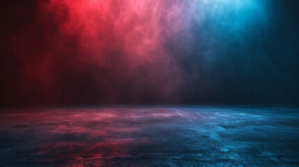 Poster - Empty space of Studio dark room with fog or mist and lighting effect red and blue on concrete floor grunge texture background.