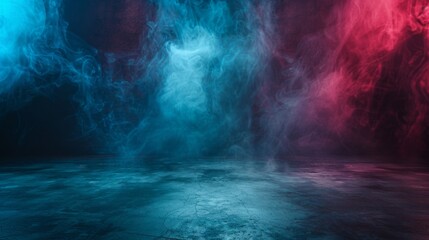 Aufkleber - Empty space of Studio dark room with fog or mist and lighting effect red and blue on concrete floor grunge texture background.