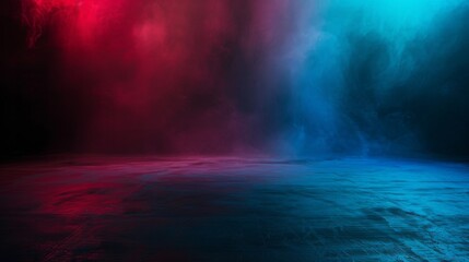Aufkleber - Empty space of Studio dark room with fog or mist and lighting effect red and blue on concrete floor grunge texture background.