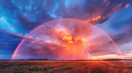 Poster - Serene landscape at sunset with a vibrant double rainbow and lightning strike lighting up the sky