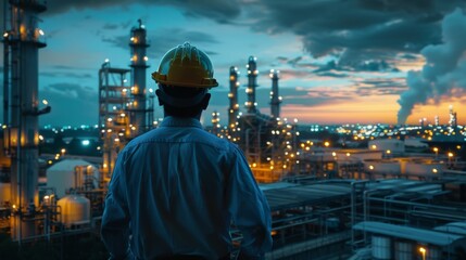Poster - engineering man with safety helmet standing at smart factory background against oil refinery plant in heavy petrochemical industrial estate