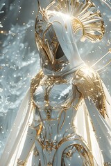 Wall Mural - Celestial Female Warrior in Shimmering White and Golden Armor,Wielding a Gleaming Rapier,Enveloped in Celestial Glow