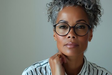 Canvas Print - Contemplative Portrait of a Thoughtful Woman Temporarily Removing Glasses Against Plain Pastel Backdrop