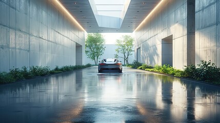 Poster - the background of a car presentation is a d rendering of modern architecture with an empty concrete floor.stock illustration