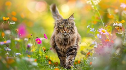 Wall Mural - A fluffy tabby cat walks through a field of colorful wildflowers in the springtime, bathed in soft, golden sunlight.