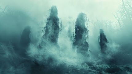 Wall Mural - Ethereal Banshees Drifting Through Moody Blighted Woodland with Swirling Fog