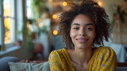 Wall Mural - A Warm Evening Glow: A Woman Smiles at the Camera in a Cozy Home Setting. Generative AI