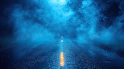 Poster - there are rays spotlights and an empty dark scene lit with blue light there is a smokey asphalt street with a blue color.stock image