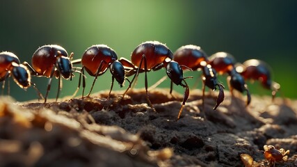 close-up shows a group of ants carrying a piece of food together, representing the ideas of collabor