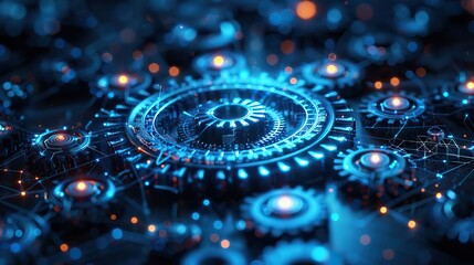 Fototapete - assurance warranty concept with iso standards in dark background cogs and gear wheel mechanism concept wireframe blue mesh with dots lines and shapes.stock image