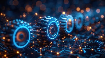Poster - assurance warranty concept with iso standards in dark background cogs and gear wheel mechanism concept wireframe blue mesh with dots lines and shapes.stock image