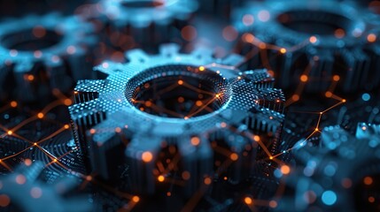 Fototapete - assurance warranty concept with iso standards in dark background cogs and gear wheel mechanism concept wireframe blue mesh with dots lines and shapes.image illustration