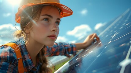 Sticker - Female Construction Professional Inspecting Solar Panels in Sunlit Outdoor Setting with Pristine Photographic Details