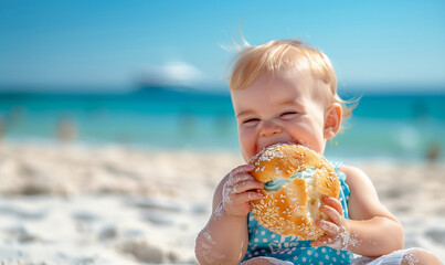 Wall Mural - Happy Toddler Enjoying Snack on the Beach