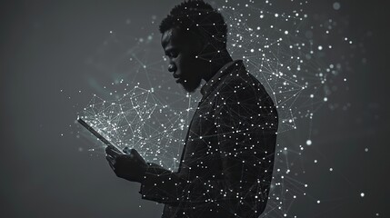 Poster - this is an illustration of a businessman using a tablet computer on a white background this is a low poly wireframe business concept with polygons particles lines and connected dots.image illustration