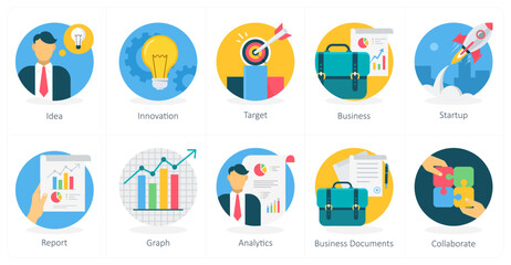 Sticker - A set of 10 business icons as idea, innovation, target