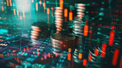 Poster - Stacks of coins are shown with an overlay of financial data, representing investment, trading, and economic growth in a digital era. Stacks of Coins with Financial Data Overlay

