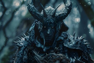 Wall Mural - Haunting Portrait of a Horned Necromancer in a Dramatic,Moody Woodland Clearing