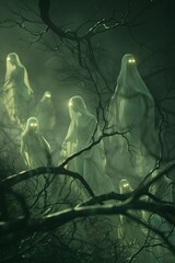 Poster - Haunting Tableau of Luminescent Banshees in Dreary Fog-Shrouded Forest with Skeletal Trees