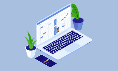 Poster - Spreadsheet on computer screen - Laptop in isometric view with accounting and calculation software in cozy home or office setting. Flat design vector illustration with blue background