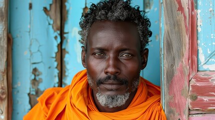 a south sudanese man wearing an orange turtleneck portrait.stock photo