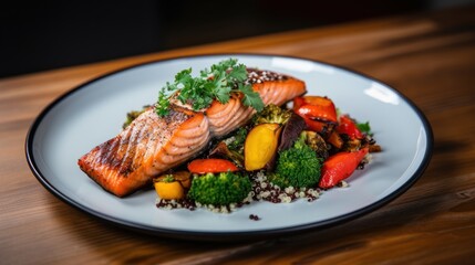 Wall Mural - plate of grilled salmon, accompanied by roasted vegetables 