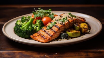 Wall Mural - plate of grilled salmon, accompanied by roasted vegetables 