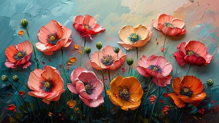 Wall Mural - poppies flowers closeup image of oil painting artistic flowers palette knife flowers macro artist s impasto flowers texture mixed oil paint flowers.stock photo