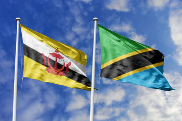 3d illustration. Brunei and Tanzania Flag waving in sky. High detailed waving flag. 3D render. Waving in sky. Flags fluttered in the cloudy sky.