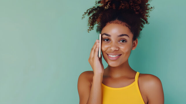 Young woman of African American ethnicity wear yellow tank shirt top talk speak on mobile cell phone conducting pleasant conversation isolated on plain pastel light green background Lifestyle concept.
