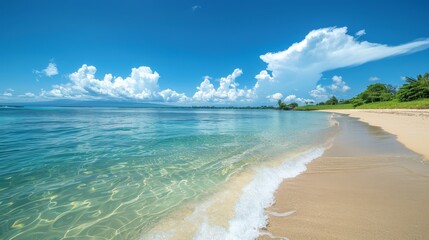 A beautiful beach with white sand and clear blue water, summer vacation.