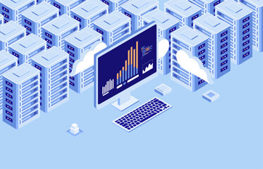 Poster - big data - computer with statistics on screen connected to cloud network and data server park analys