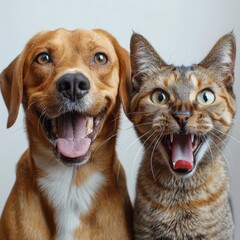 Wall Mural - dog and kitten on a white background