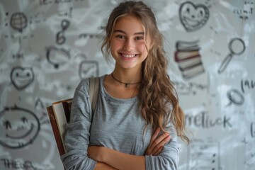 Wall Mural - beautiful young girl with book in hands in the morning