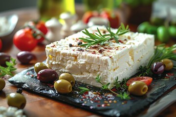 Wall Mural - delicious cheese with rosemary and spices on table