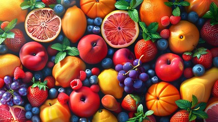 Wall Mural - Vibrant Assortment of Fresh Fruits Including Oranges, Apples, Berries, and Grapes in a Colorful and Healthy Display