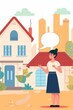© HUOSEN - 家のイラストを紹介する笑顔の女性不動産業者
