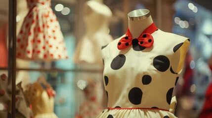 A beautiful polka dot dress with a red bow tie on a mannequin in a store window. The dress is sleeveless and has a fitted bodice.