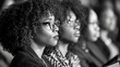 © IMG visuals AI - African american businesswomen with curly hair and glasses monochrome image. Attentively listening during meeting black and white photography close-up. Business conference concept photo