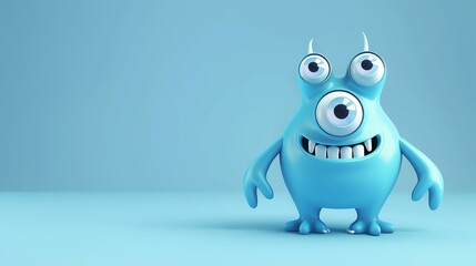 Wall Mural - This is a 3D rendering of a cute and friendly blue monster. It has one eye, two horns, and a big smile.