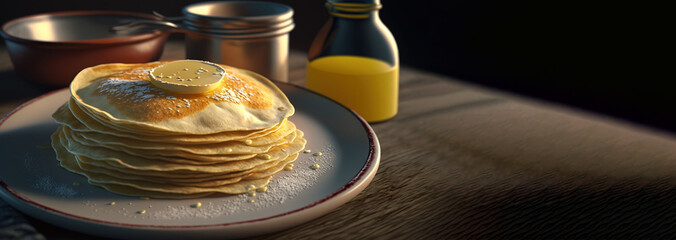 Wall Mural - Stack of fresh dessert pancakes sprinkled with powdered sugar and honey. AI generated.