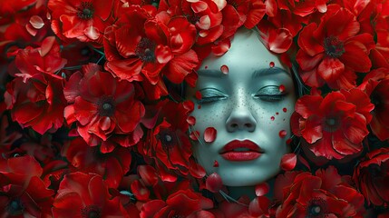 Poster - red flower woman with red flowers head conceptual illustration surreal artwork rose painting concept art.stock image
