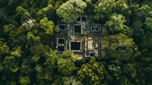 A drone capture of ancient ruins hidden within a dense jungle