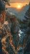 © MistoGraphy - A nature canyon scene with a family of mountain goats climbing the rocks, the sun setting in the background
