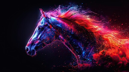 Poster - in a pop art style against a black background neon and splashed watercolors create a horse s head portrait.image illustration