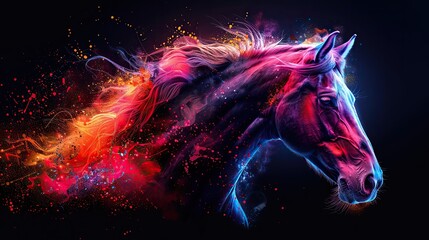 Wall Mural - in a pop art style against a black background neon and splashed watercolors create a horse s head portrait.stock image