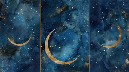 vector backdrop frames with night in watercolor imitation and gold texture on moon and stars, bright blue and gold