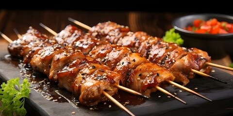 Wall Mural - Grilled chicken skewers with salt or sweet soy sauce seasoning. Concept Grilled Chicken Skewers, Seasoned with Salt, Sweet Soy Sauce