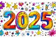 © Anna - Colorful illustration of the number 2025 surrounded by various doodles of stars, flowers, and smiley faces on a white background.